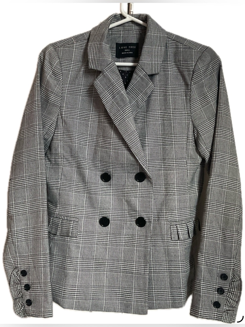 *Love Tree * Black & Gray & Plaid Double-Breasted Blazer with ruffle details .